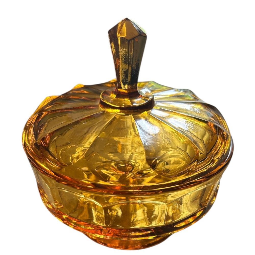 1960 Vintage Viking Glass Footed Candy Box and Cover in Amber Glass